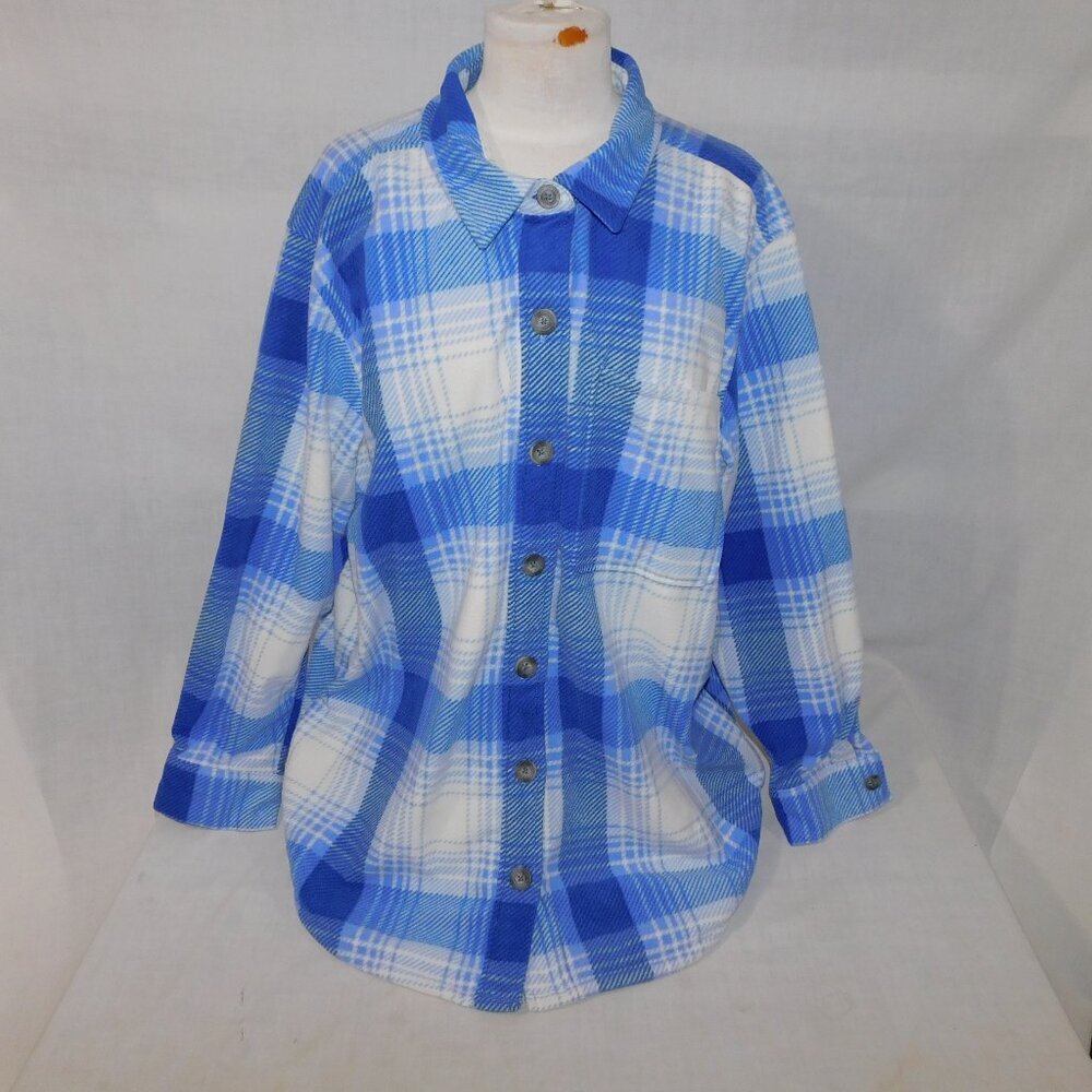 Eddie Bauer Blue White Plaid Chutes Fleece Shirt Jacket Shacket Womens 2X